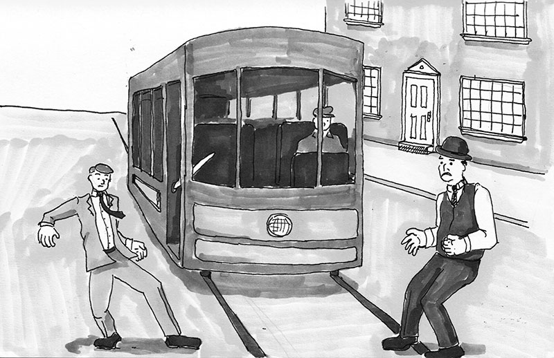 Leopold Bloom is almost run over by a street car