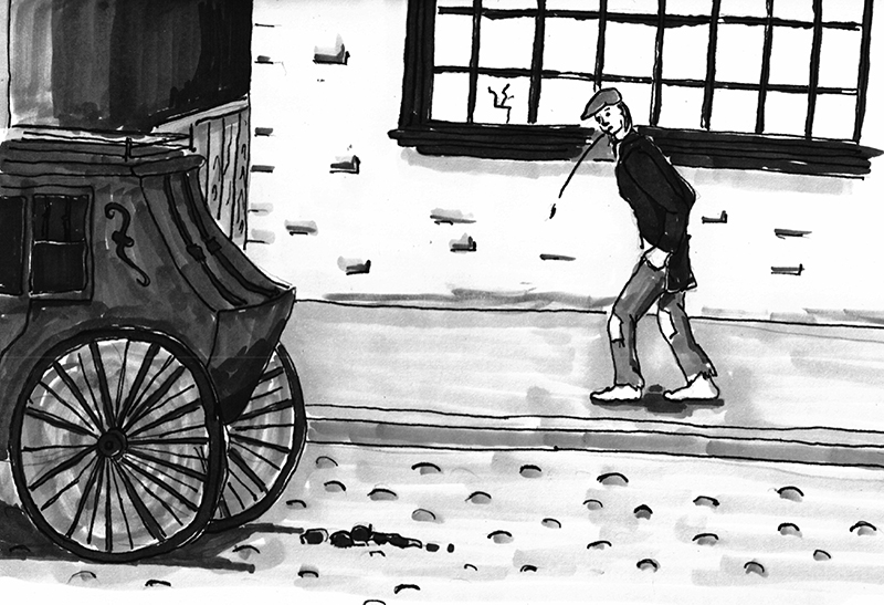 a man walks behind a carriage and spits
