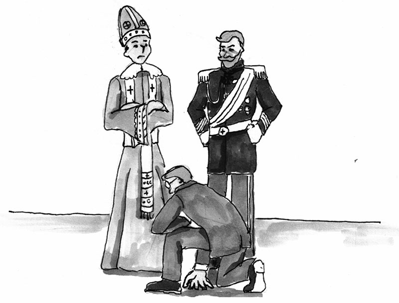 Stephen kneeling in front of the pope and king edward