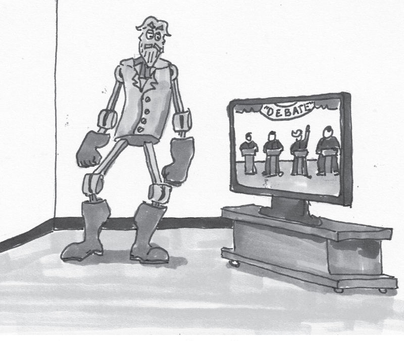 Robot E Lee watches the Republican Debate in disgust