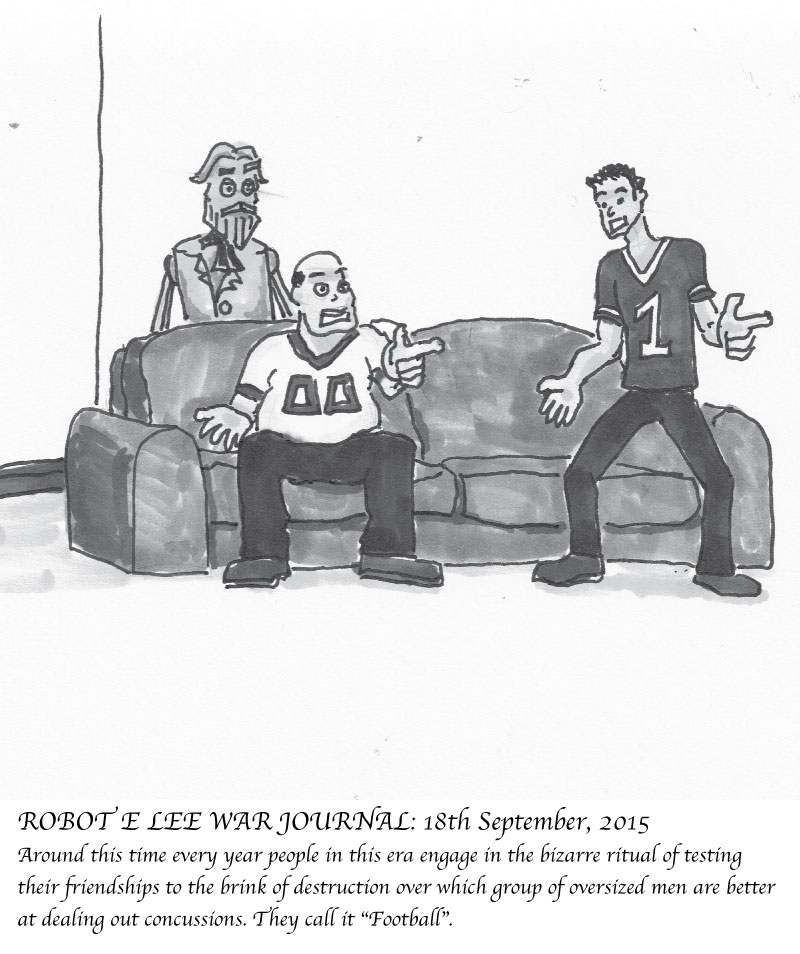 Robot E Lee watches two men fight over football