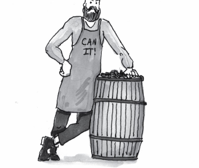 a hipster leaning on a pickle barrel