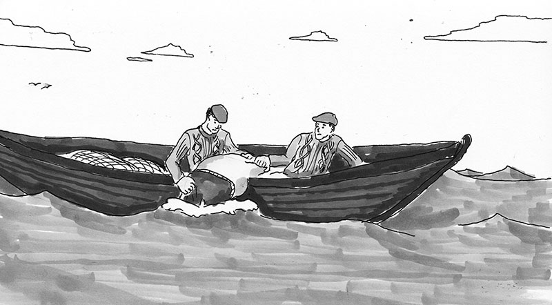 two irish fishermen pull a body on board their boat