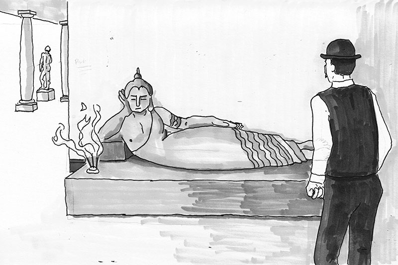 Leopold Bloom looking at a Buddha statue