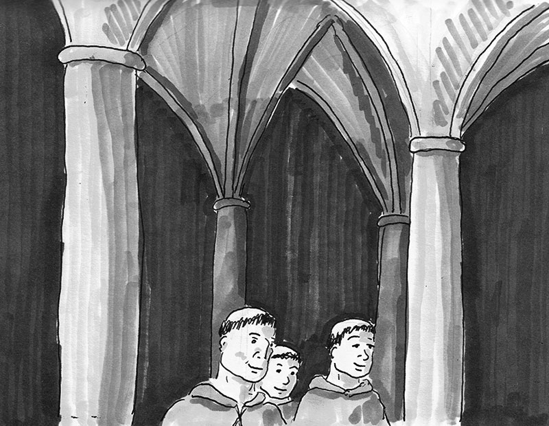 Some monks walking through a dark abbey