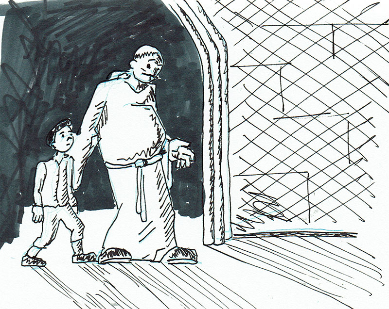 an old priest walking with a young boy