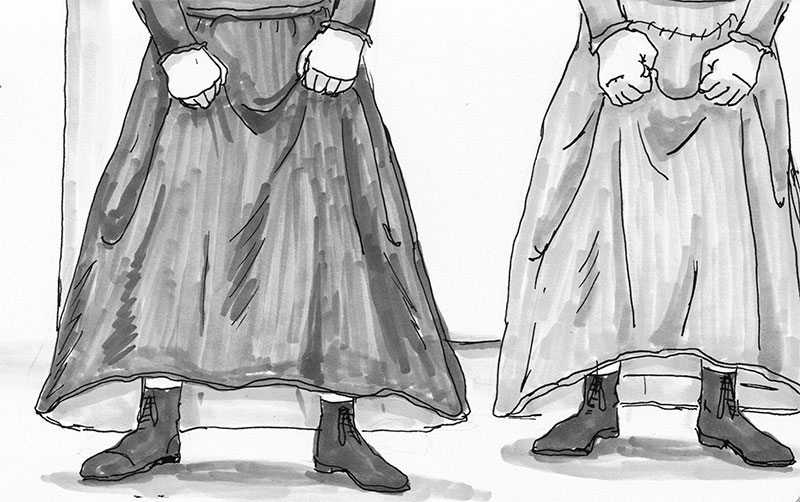 two old Dublin women lift up their skirts